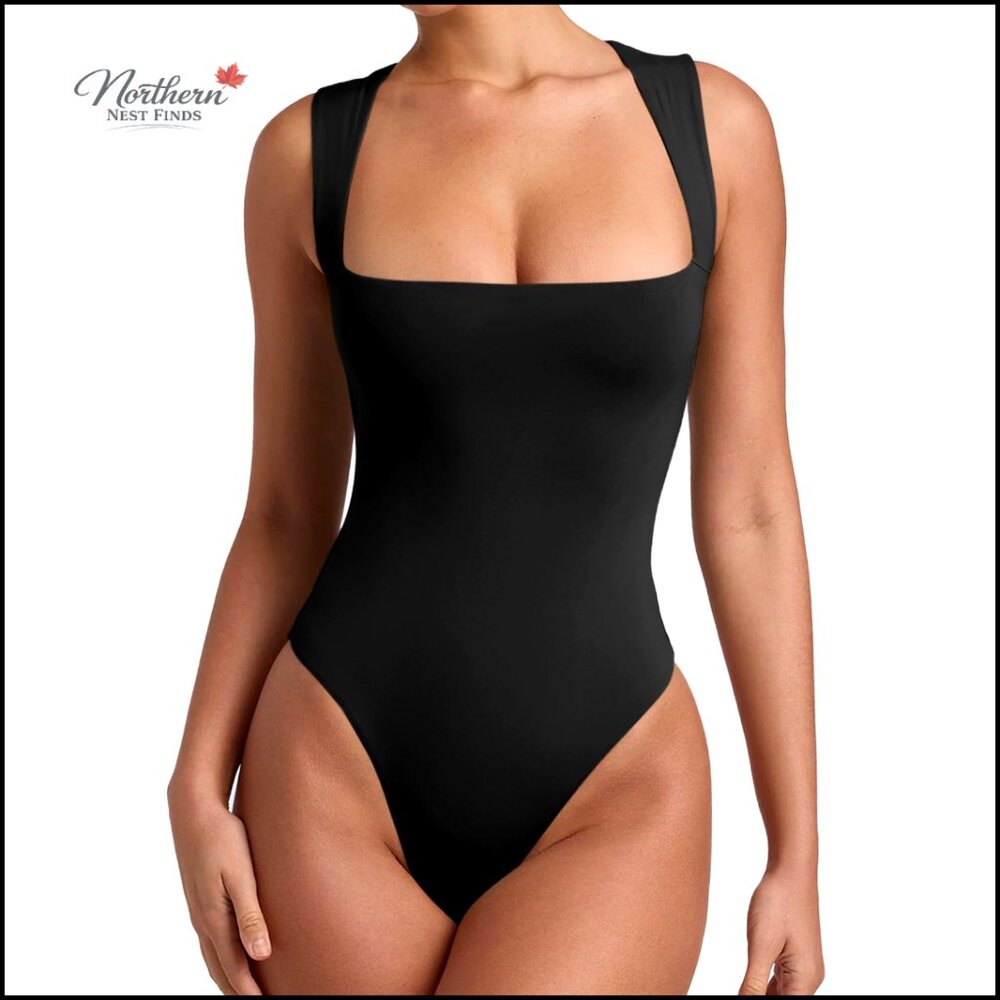 Sleeveless Square Neck Bodysuit Shapewear Tank Top Double Lined